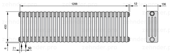 Схема (чертеж) Радиатор Zehnder Charleston 4045/28 №3370 Белый глянцевый RAL 9016